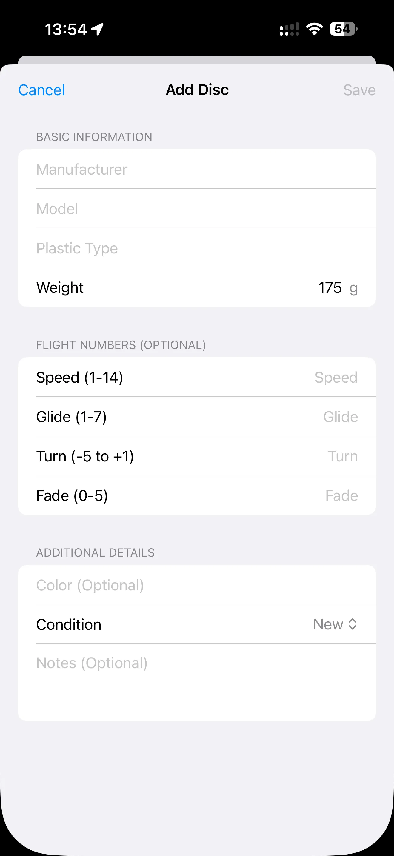 DiscKit add-disc details screen