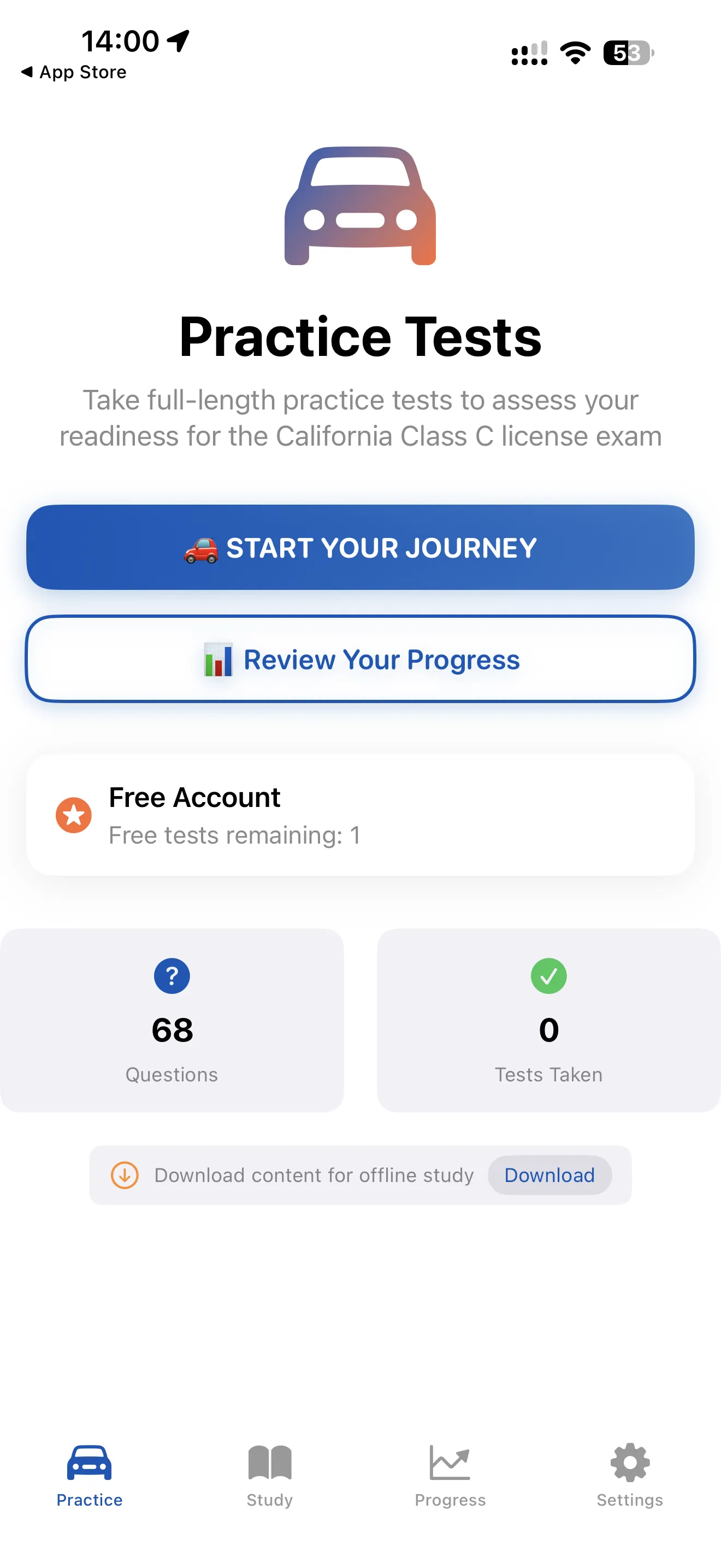 RoadReady practice test dashboard